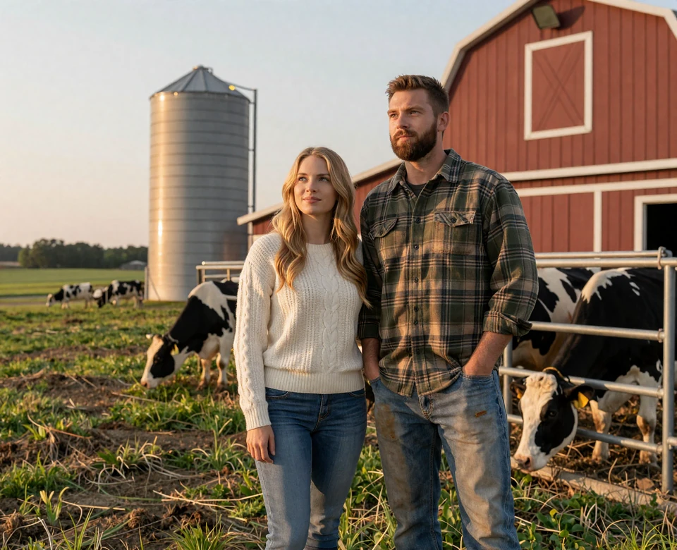 Wisconsin dairy farm couple standing by a red barn with Holstein cows - Wisconsin farmers dating imagery
