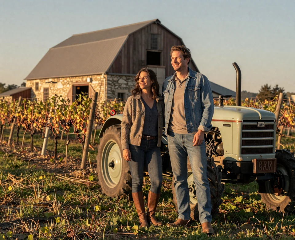 European-heritage farm couple by a vineyard and tractor at golden hour, european farmers dating