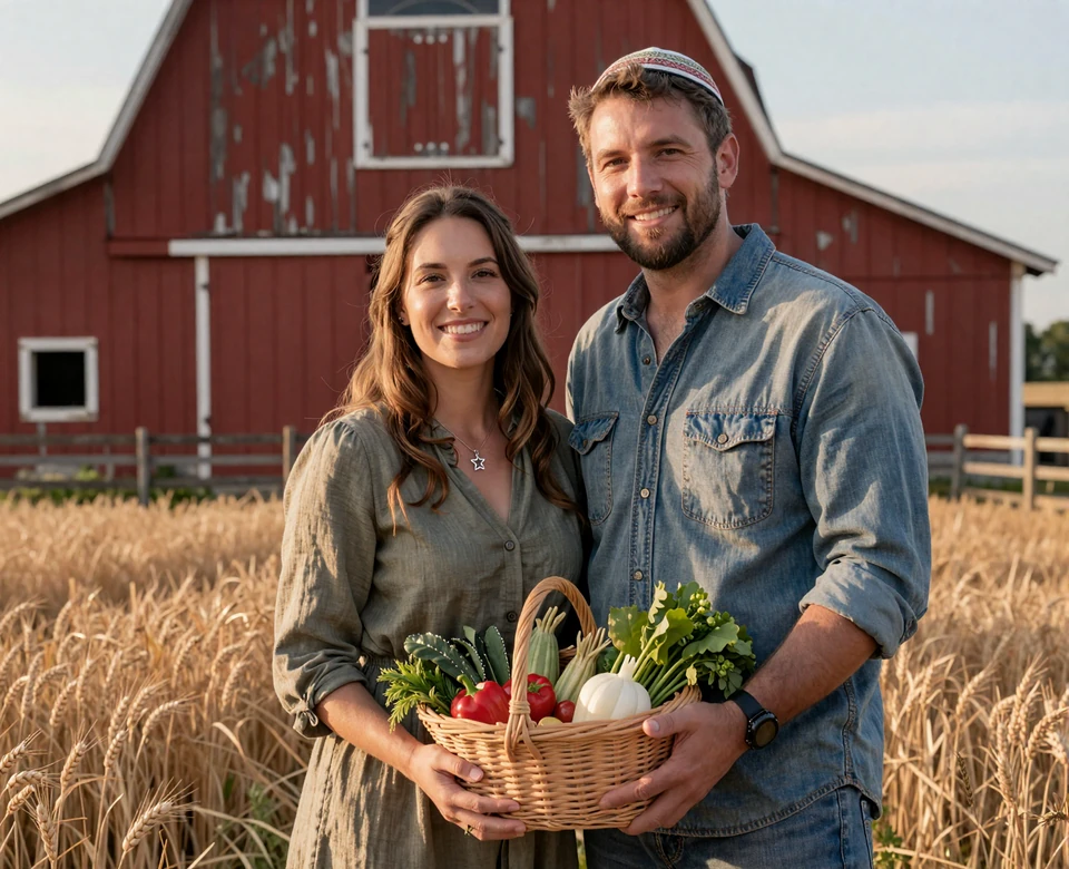 Jewish farming couple standing in front of a red barn at golden hour, jewish farmers dating