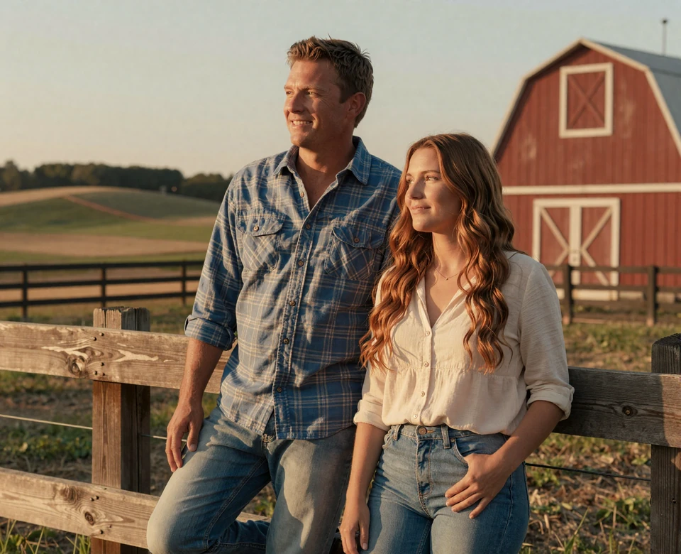 Local verified farmer couple leaning on a pasture fence in front of a red barn, representing country singles near you