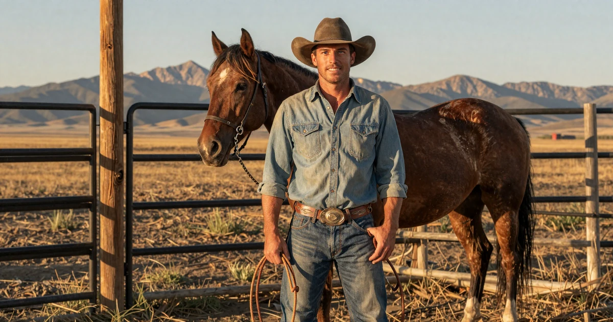 Verified single cowboy Wyatt in Stetson and denim with his bay quarter horse at a Montana ranch corral, cowboy dating site