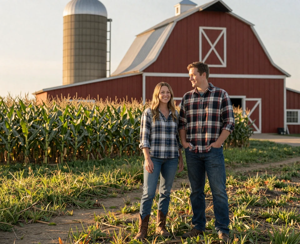 Ohio farm couple standing beside red bank barn in rolling cornfield - Ohio farmers dating imagery