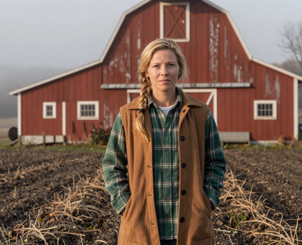 Maine homesteader woman beside red barn with potato fields - Maine farmers dating imagery