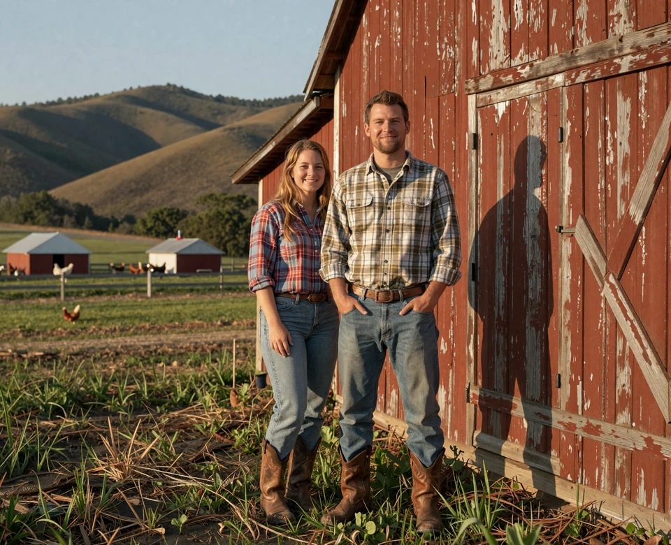 Arkansas Ozark farm couple at sunset with red barn - Arkansas farmers dating imagery