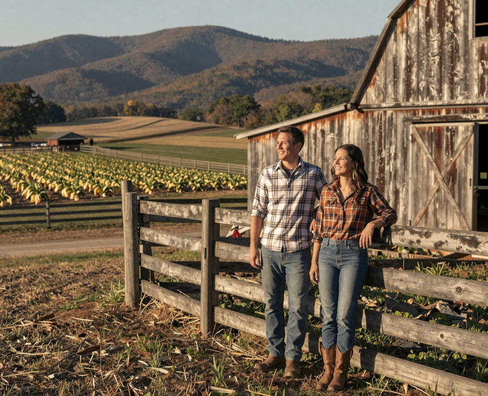 North Carolina farm couple by a barn with mountain farmland in the background - North Carolina farmers dating imagery