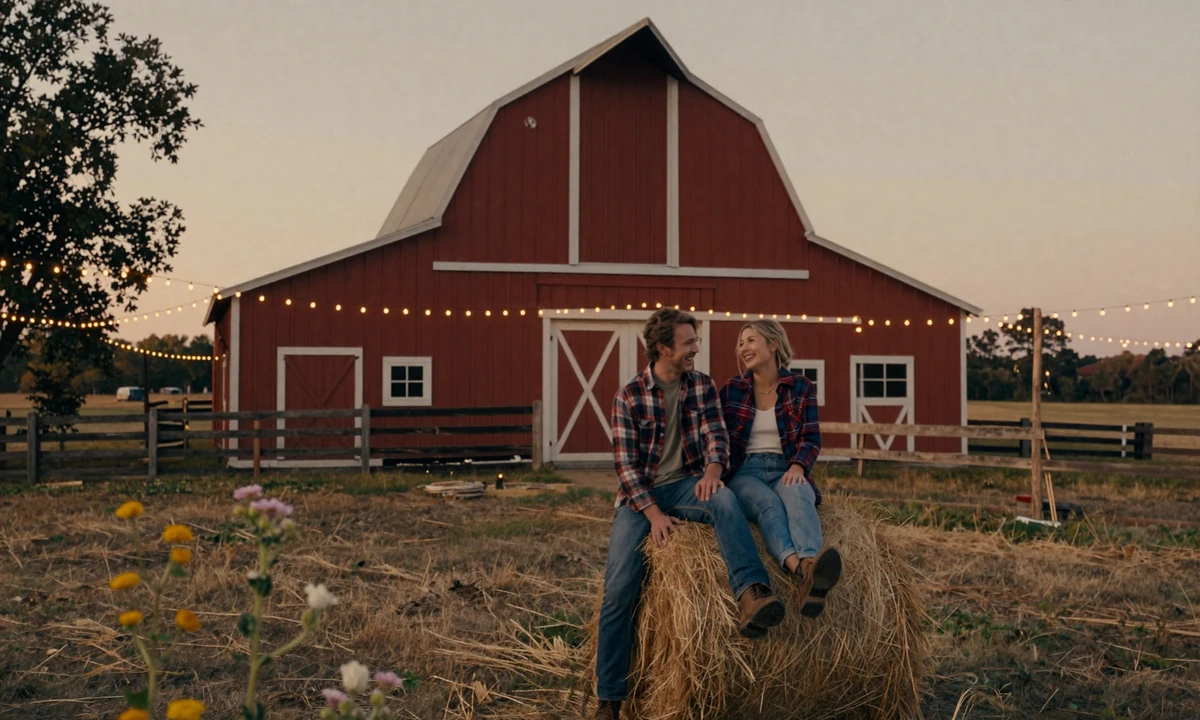 Barn with string lights at golden hour - Farmer Wants a Wife show guide feature image