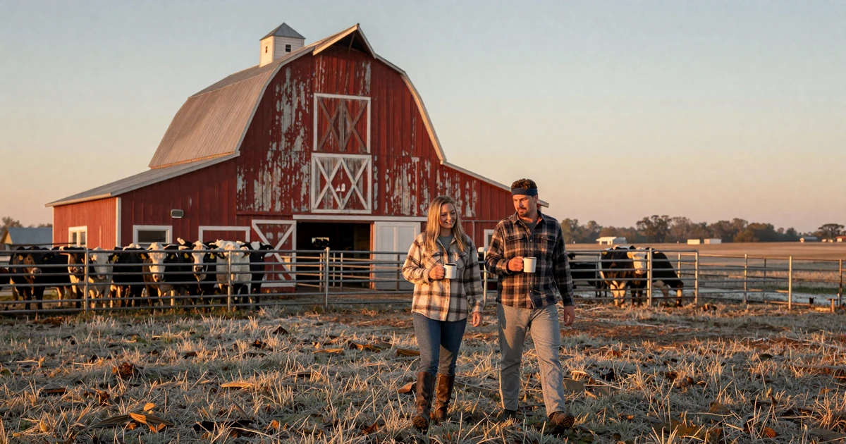 Farm couple walking toward the cattle pen at dawn - life on a farm and relationships feature image