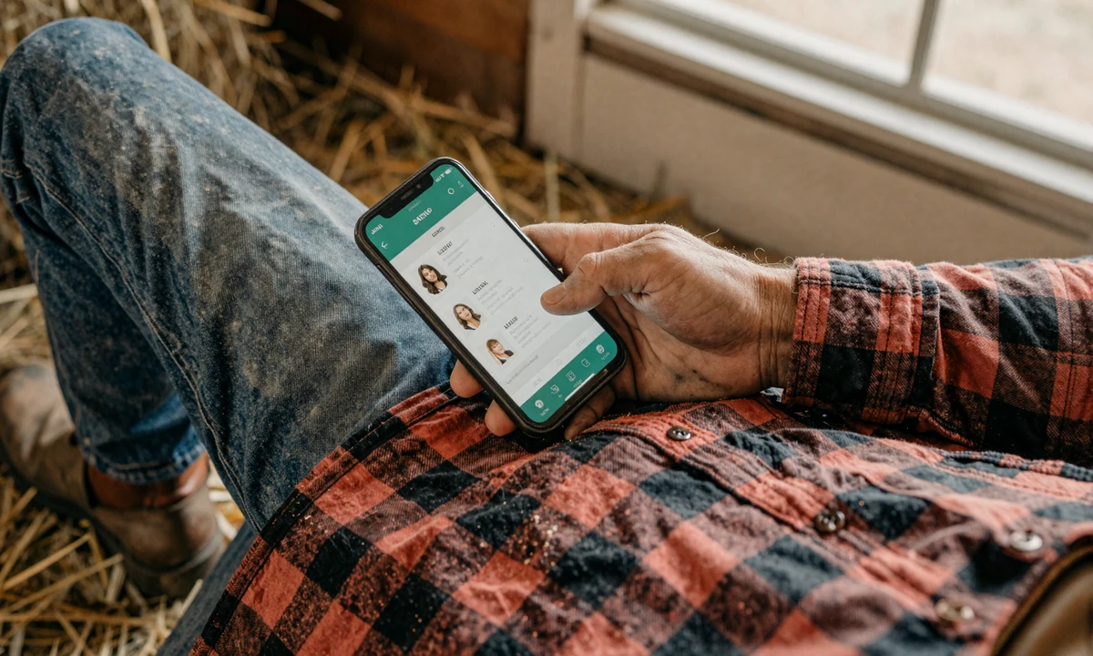 Farmer in flannel checking a dating profile on a phone from a barn window - online dating for farmers