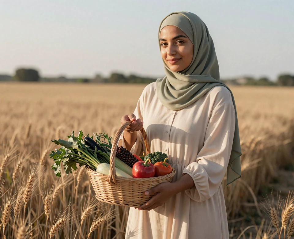 Verified Muslim woman farmer in hijab standing in a wheat field at golden hour, muslim farmers dating