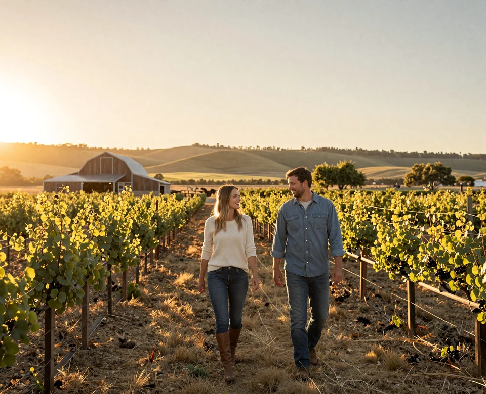 California farm couple walking beside vineyard rows at sunset for California farmers dating