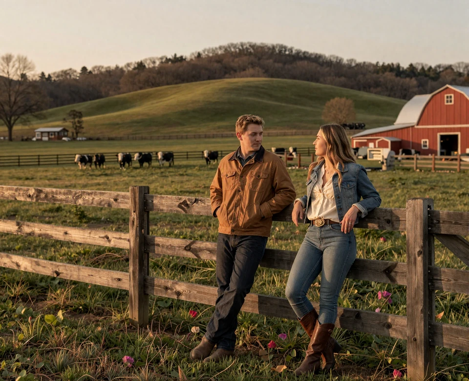 Tennessee farm couple by rolling pasture and barn at sunset - Tennessee farmers dating imagery
