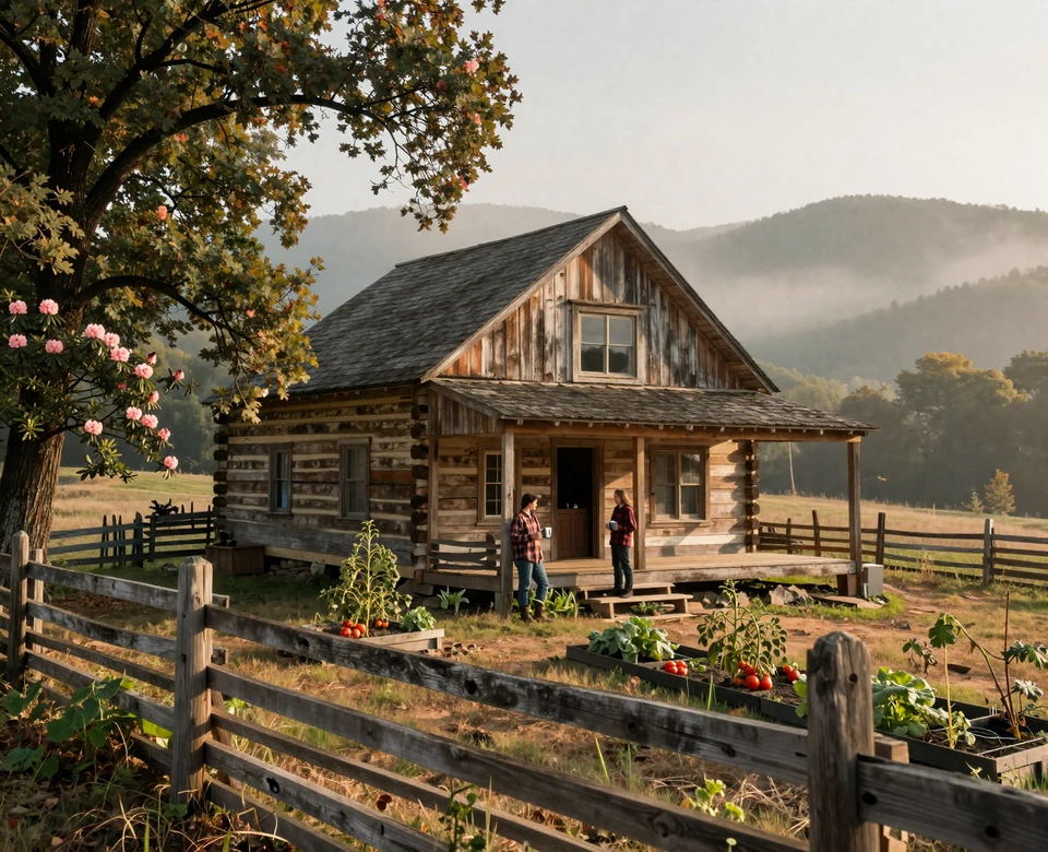Appalachian West Virginia couple on log cabin porch at sunrise - West Virginia farmers dating imagery