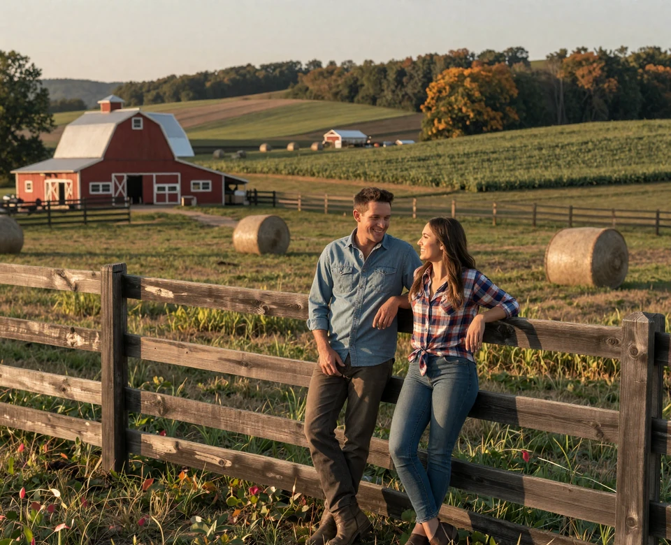 Missouri farm couple by pasture and barn at sunset in Ozark-style countryside - Missouri farmers dating imagery