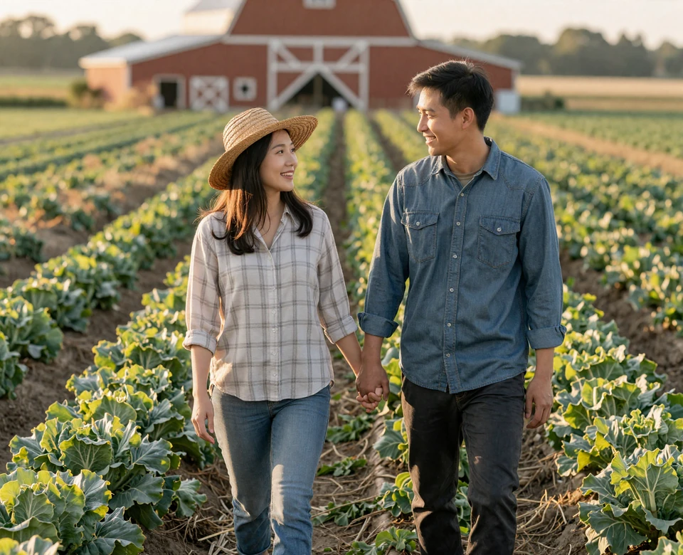 Asian-American farming couple standing together in a green vegetable field at golden hour, asian farmers dating