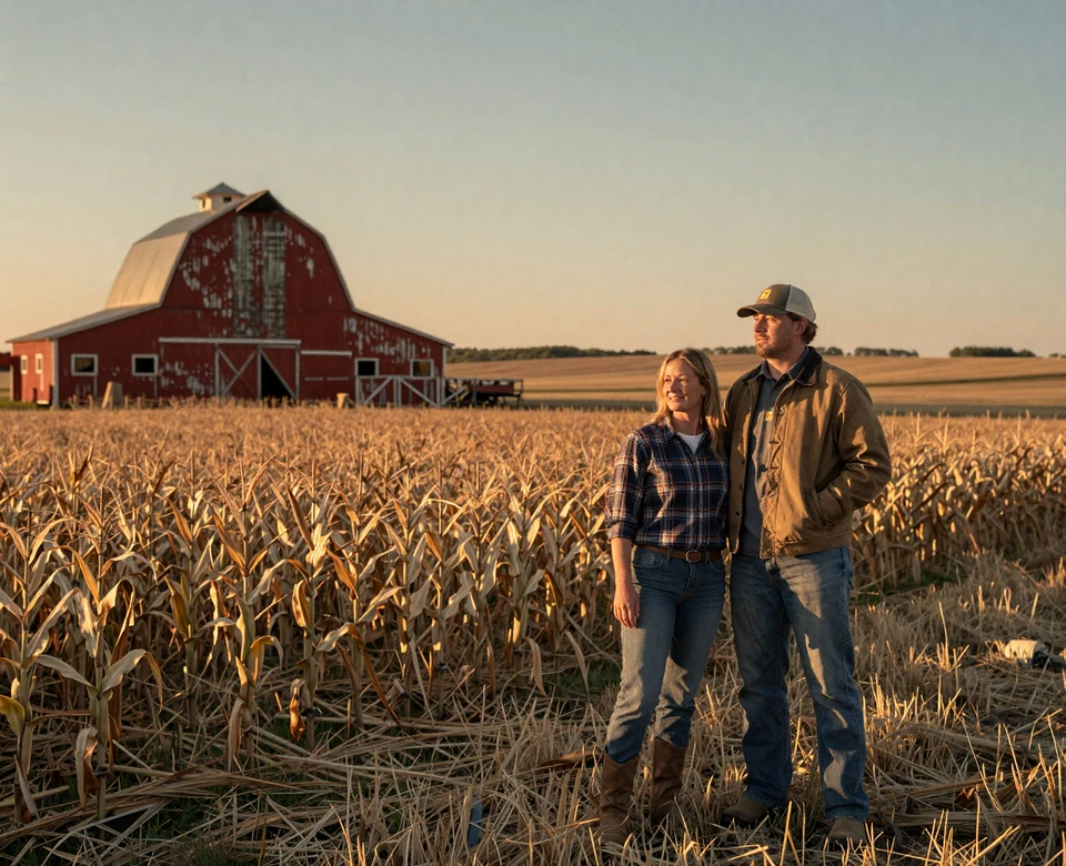 Illinois farming couple at sunset beside a cornfield and red barn - Illinois farmers dating imagery