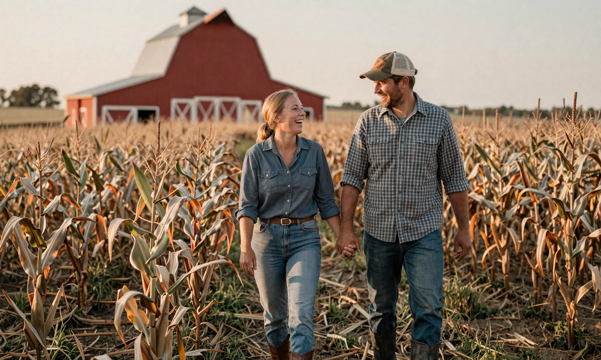 Farmer couple walking through a golden cornfield at sunset - dating a farmer feature image