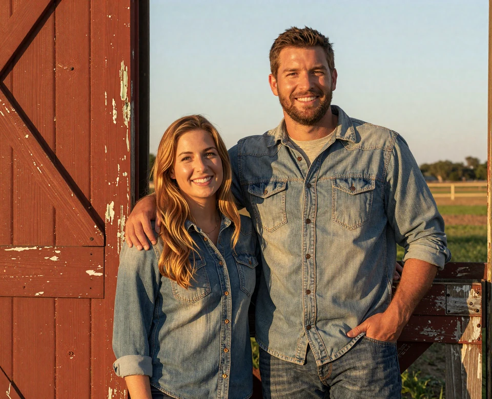 Verified farmer couple in flannel shirts beside a weathered red barn, best farmer dating site matches