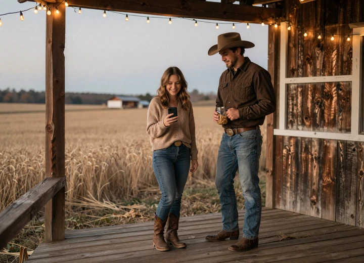 Country woman on a barn porch checking her phone at dusk, country online dating