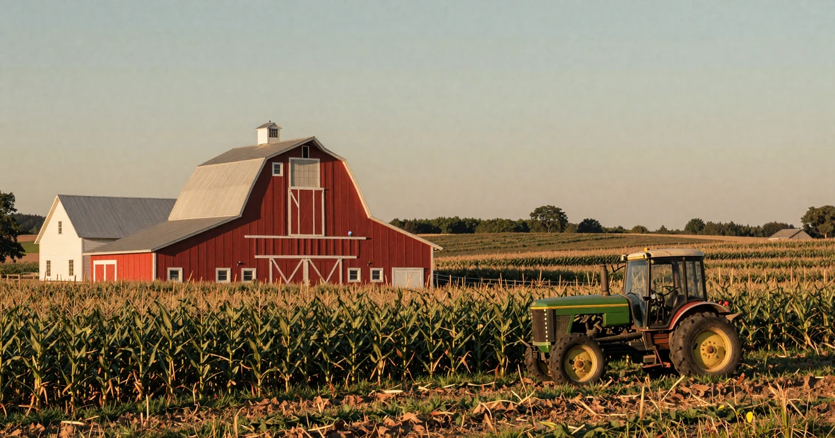 Indiana corn farm at golden hour with red barn and tractor - Indiana farmers dating site imagery