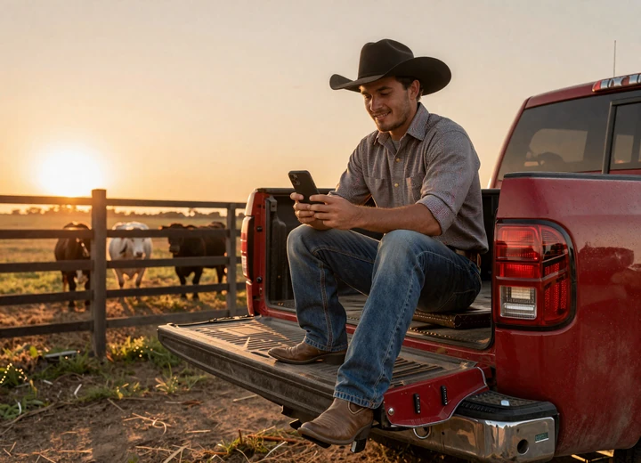 Country man on pickup truck tailgate browsing country dating site at sunset