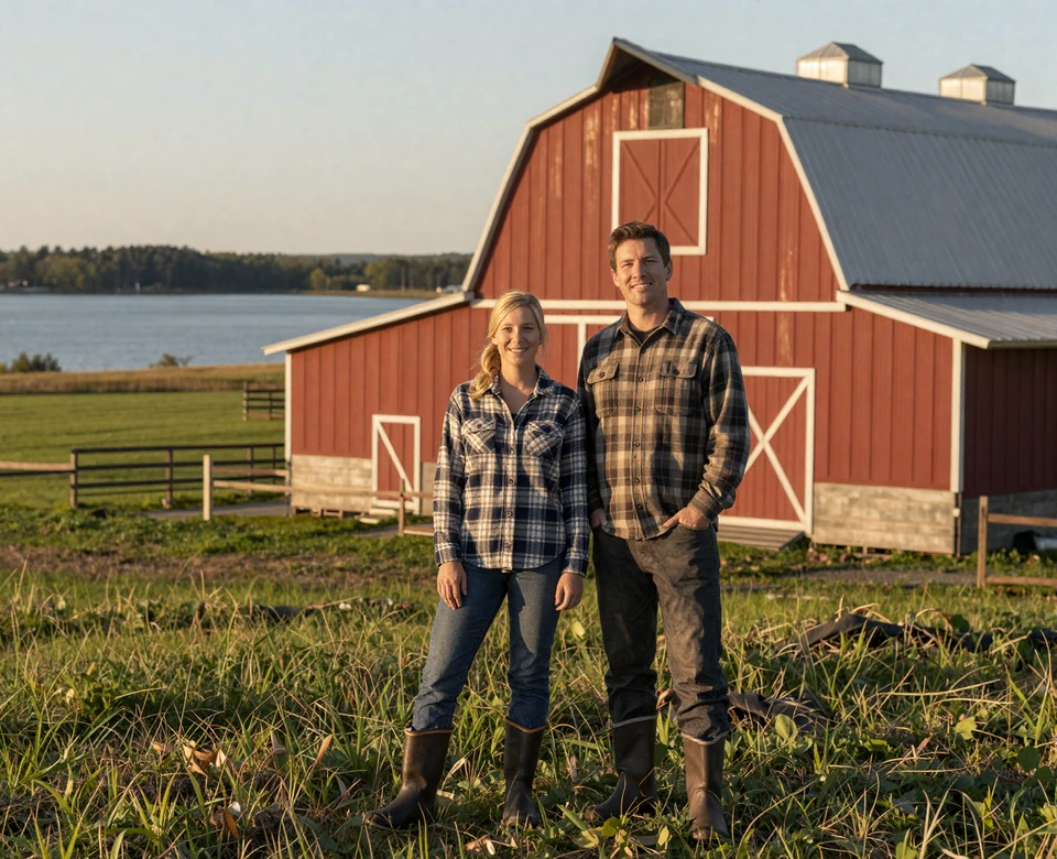 Minnesota dairy farm couple by red barn with lake - Minnesota farmers dating imagery