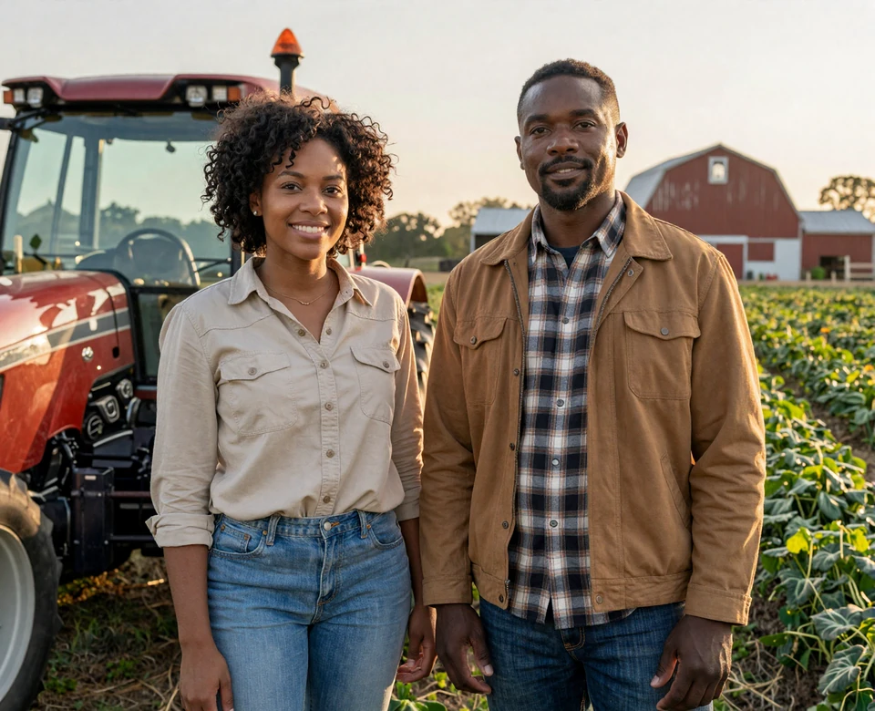Black farming couple standing beside a tractor at golden hour in a rural field, black farmers dating