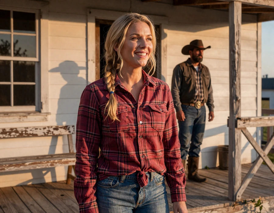 Farmer couple laughing on a farmhouse porch at golden hour - featured farmer dating blog post