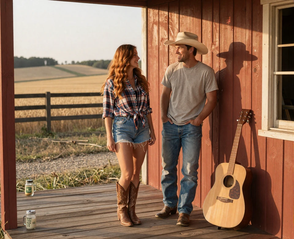 Country couple in boots and flannel laughing on a red barn porch at golden hour, country dating site
