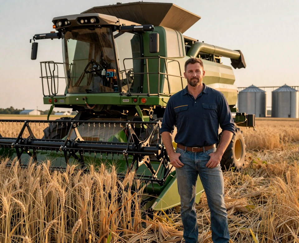 Industrial farmer standing beside a green combine harvester in a golden wheat field at sunset, industrial farmers dating