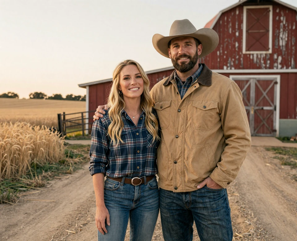 Verified farmer couple Hannah and Caleb standing beside a red barn at golden hour on an American farm, leading farmer dating site