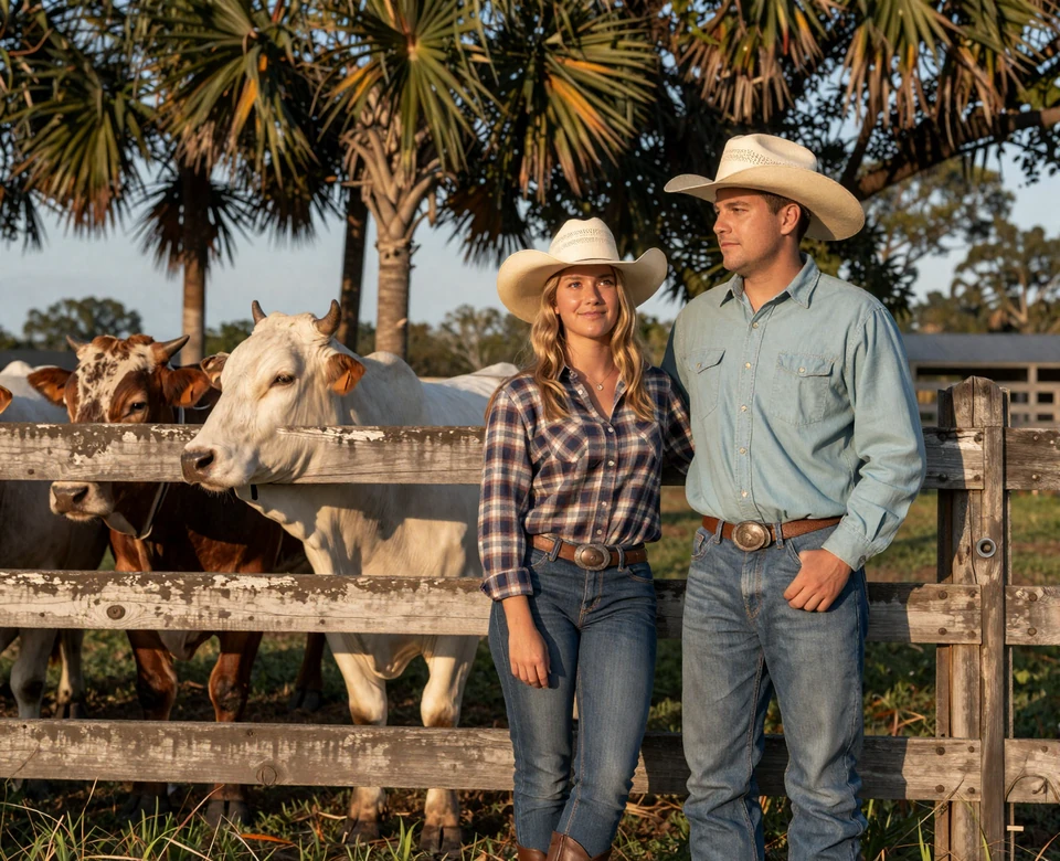 Florida ranch couple at sunset near citrus grove - Florida farmers dating imagery