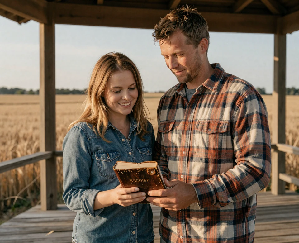 Christian farming couple Sarah and Jacob holding a Bible together on a wooden porch at golden hour, Christian farmer dating