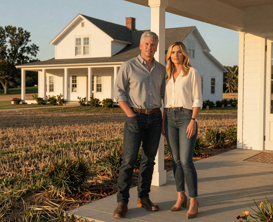 Verified millionaire farmers dating couple standing in front of a large white farmhouse at golden hour