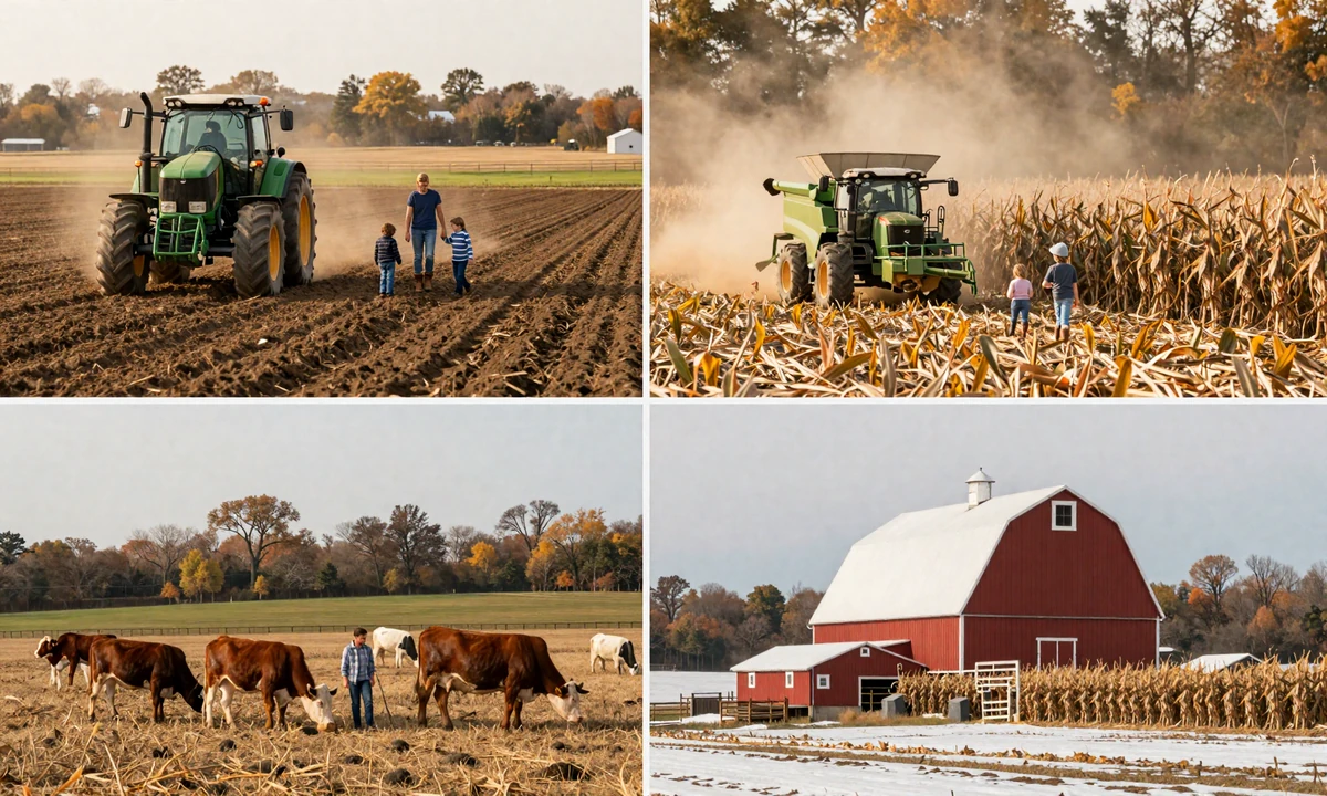 Four-season collage of an American family farm across spring planting, summer cattle, fall harvest, and winter barn - seasonal farm dating feature image