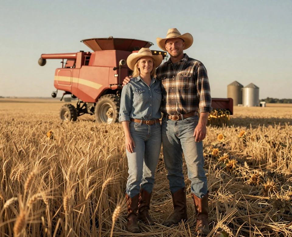 Kansas wheat belt farm couple at sunset with combine - Kansas farmers dating imagery