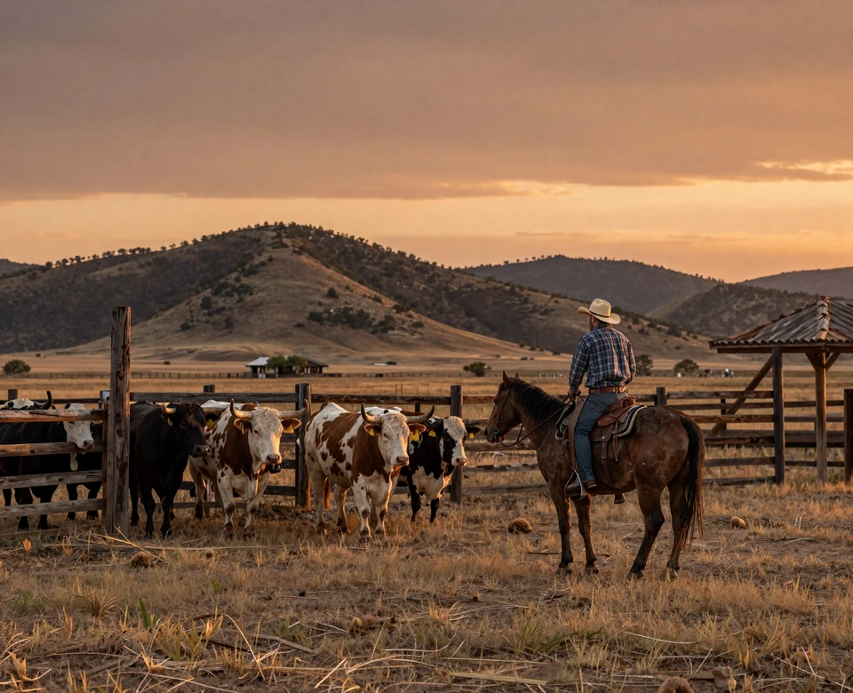 Texas ranch at golden hour with cowboy on horseback and longhorn cattle - Texas farmers dating site imagery