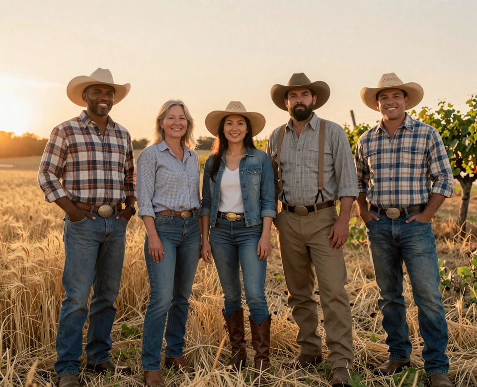 Diverse group of verified American farmers from Christian, Black, Asian, cowboy, and homesteading backgrounds standing together in a golden wheat field - niche farmers dating community
