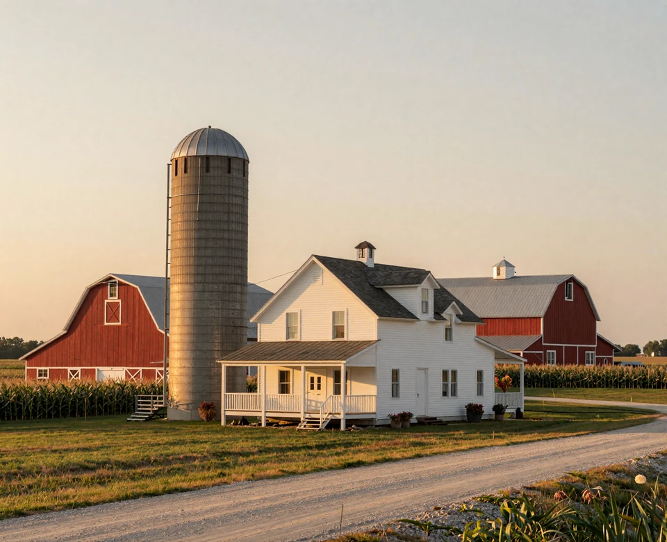 Iowa family corn farm at golden hour with white farmhouse, red barn and silo - Iowa farmers dating site imagery