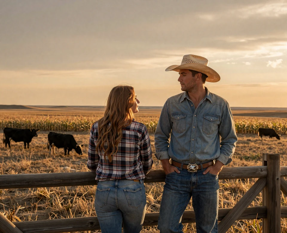 Nebraska ranch couple at sunset on Sandhills prairie with cattle - Nebraska farmers dating imagery