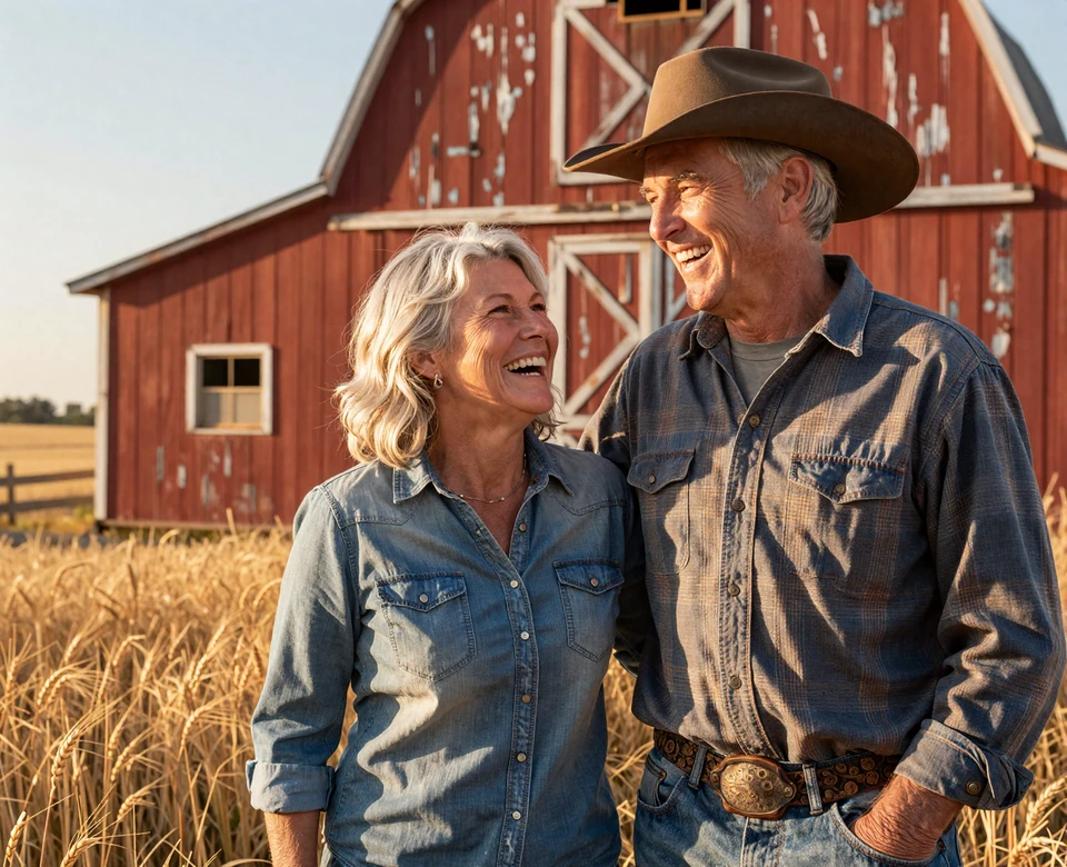 Margaret and James, a happily married couple from Austin Texas who met on DatingSinglesGuide, standing beside their red barn at golden hour - farmer dating success story