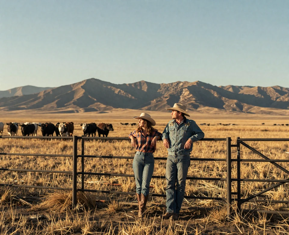 Montana ranch couple by fence with cattle and mountain views - Montana farmers dating imagery