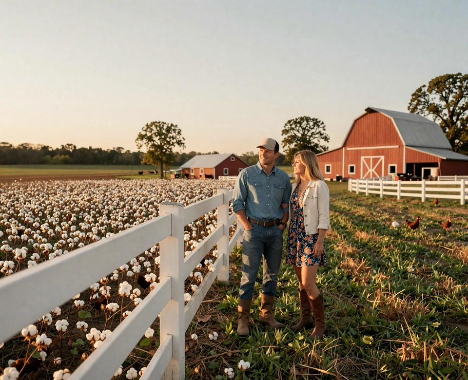 Alabama farm couple by cotton fields and barn at sunset - Alabama farmers dating imagery